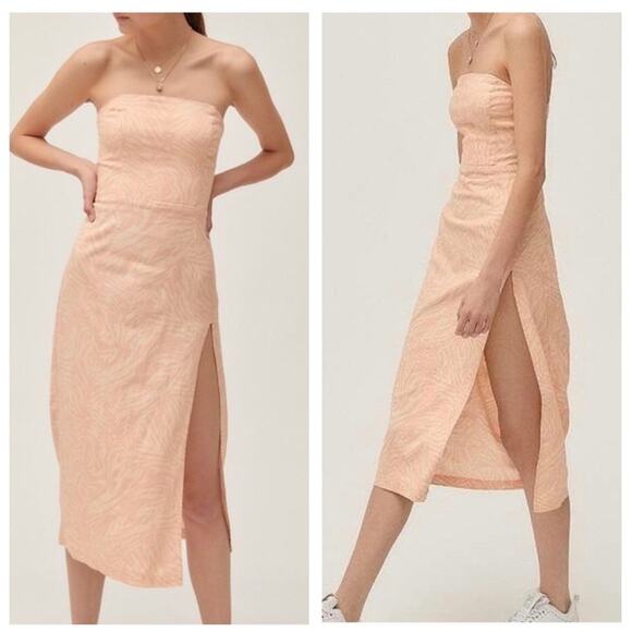 Urban Outfitters Strapless Linen Pink Zebra Slit Midi Dress Medium Animal Print - Picture 1 of 12